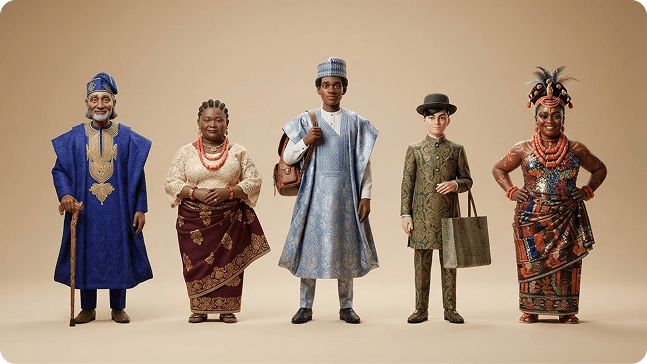 Five people in distinct traditional Nigerian attire, representing the diversity Open Doors Nigeria protects